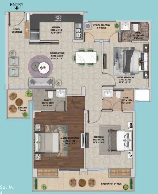 Wave Eligo — 3 BHK floor plan