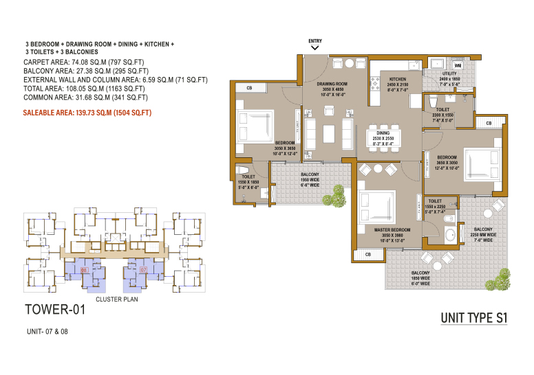 SKA Imperia Wave City — 3 BHK floor plan