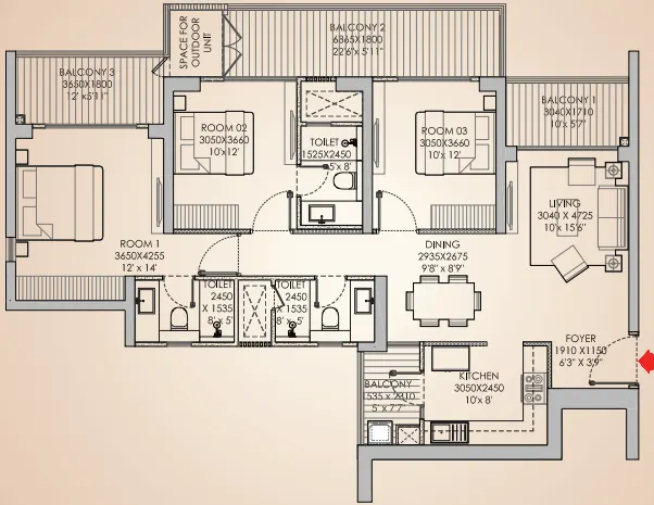 Godrej Aristocrat — 3 BHK floor plan