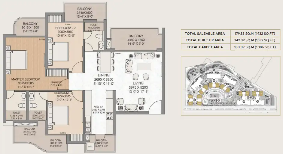 NBCC Aspire Eternia Residences — 3 BHK floor plan