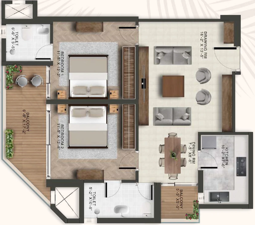 Eiffel Palm Vista — 2 BHK floor plan