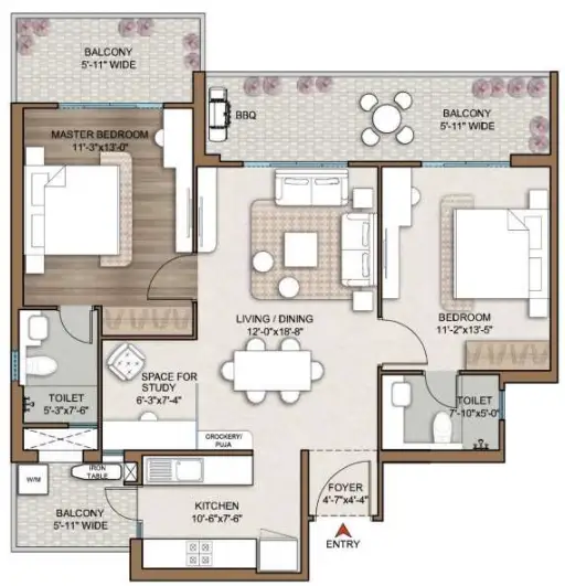 Smartworld One DXP — 2 BHK floor plan