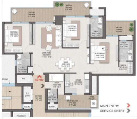 Levante Residences — 3 BHK floor plan