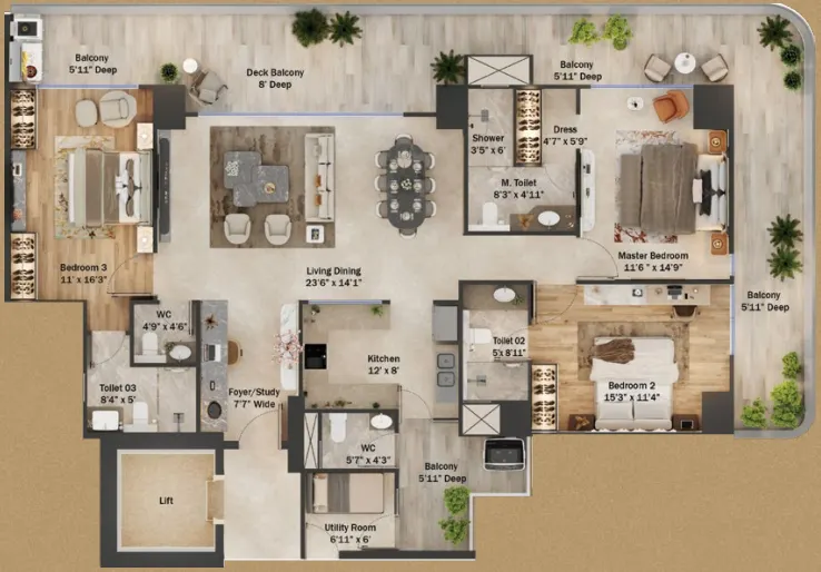 Trevoc Royal Residences — 3 BHK floor plan