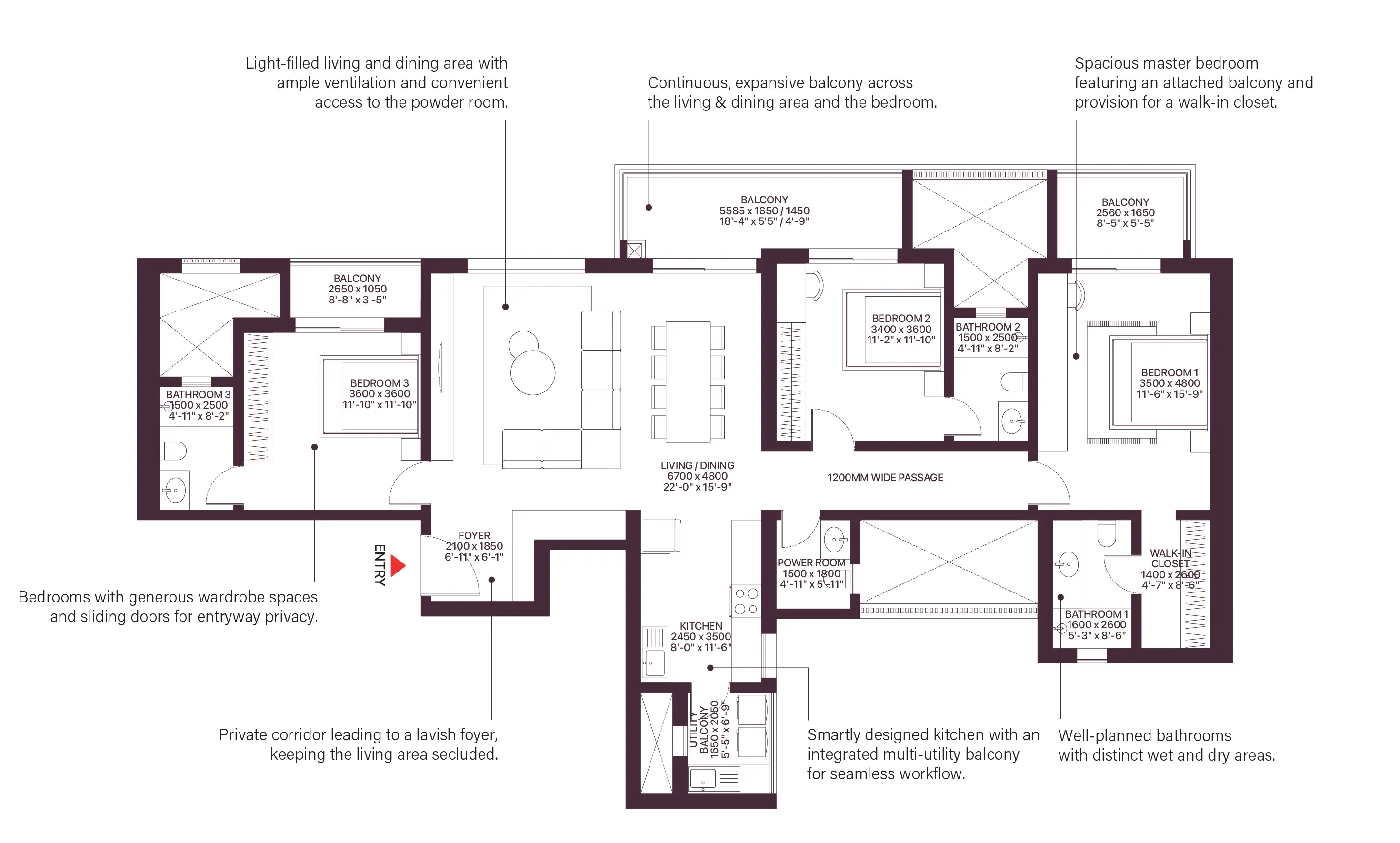 Sobha Crescent — 3 BHK floor plan