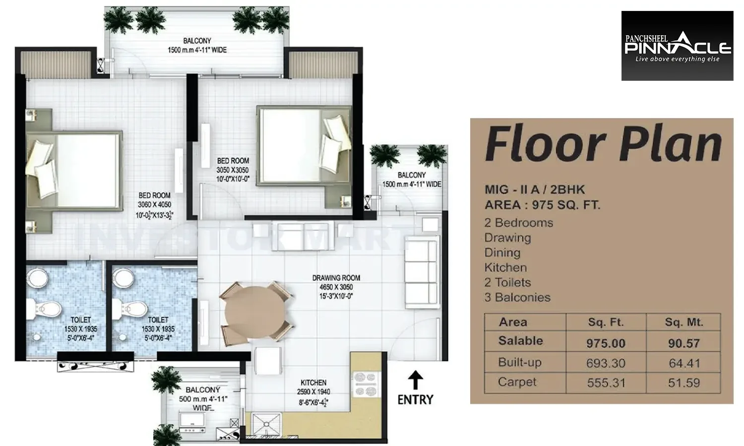 Panchsheel Pinnacle — 2 BHK floor plan
