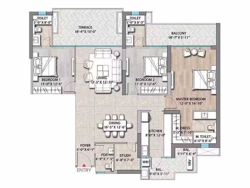 Suncity Monarch Residences — 3 BHK floor plan