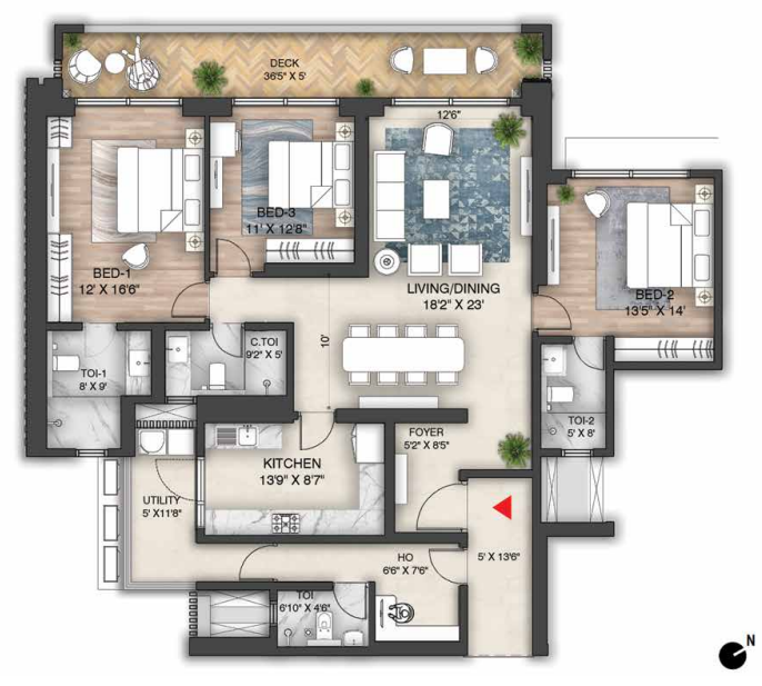 Mayflower, The Prestige City — 3 BHK floor plan