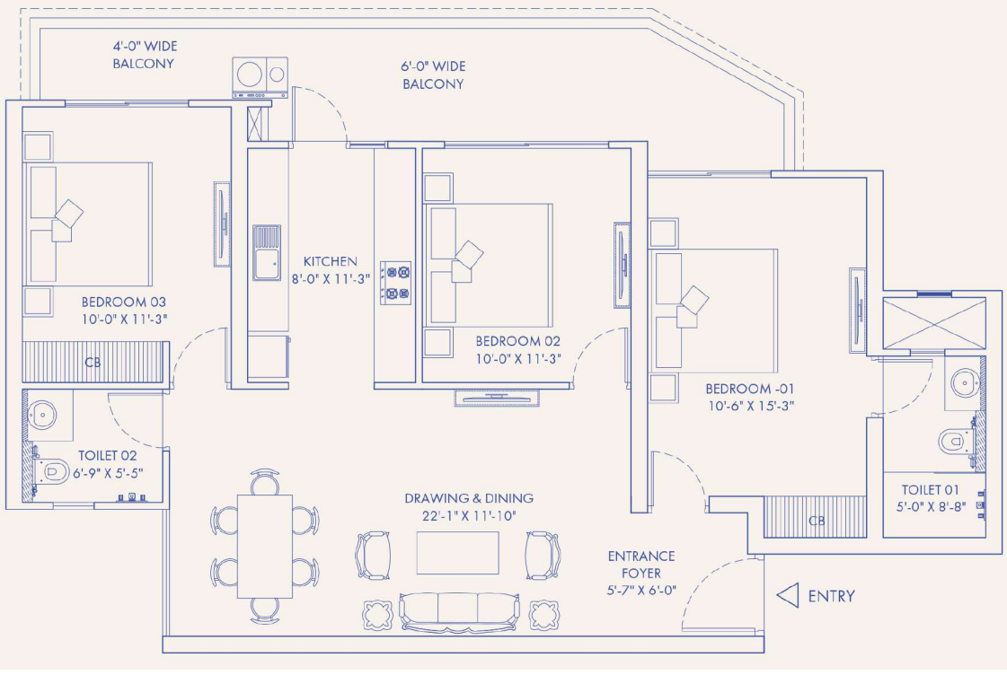 T&T Atlas — 3 BHK floor plan
