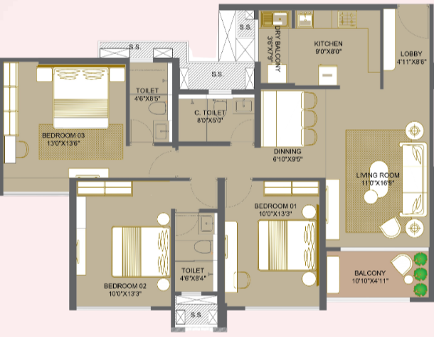 SKA Atlantis — 3 BHK floor plan