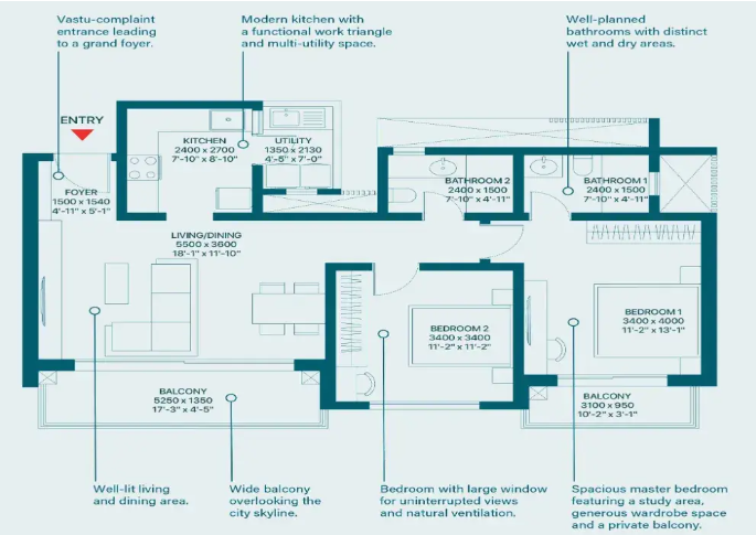 Sobha Rivana — 2 BHK floor plan