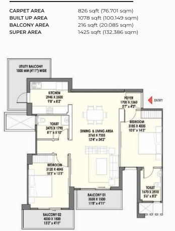 Eldeco la Vida Bella — 2 BHK floor plan