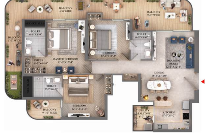 Ashtech Presidential Towers — 3 BHK floor plan