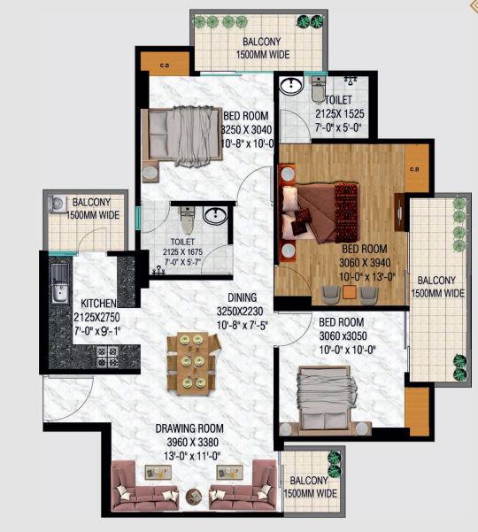 Sublime Spring elmas — 3 BHK floor plan