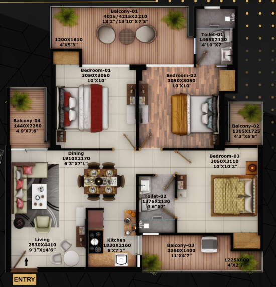 Fusion The Rivulet — 3 BHK floor plan