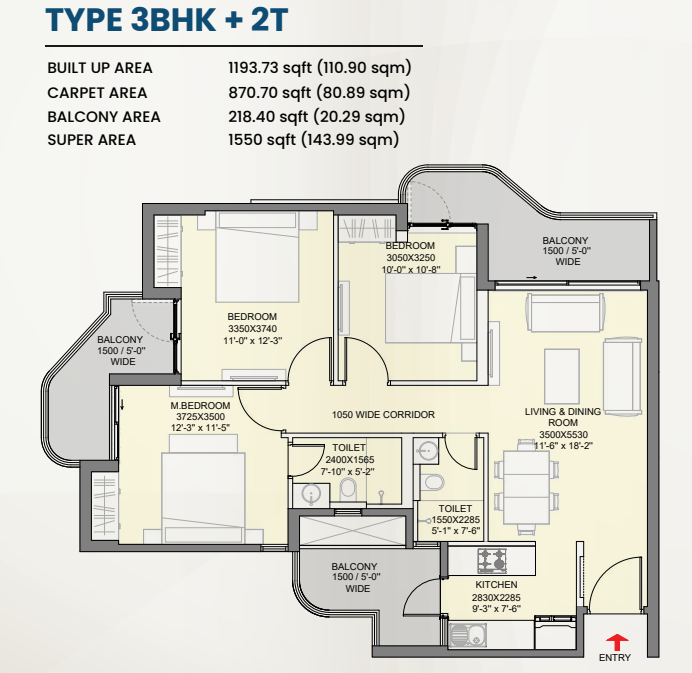 Eldeco Whispers of Wonder (WOW) — 3 BHK floor plan