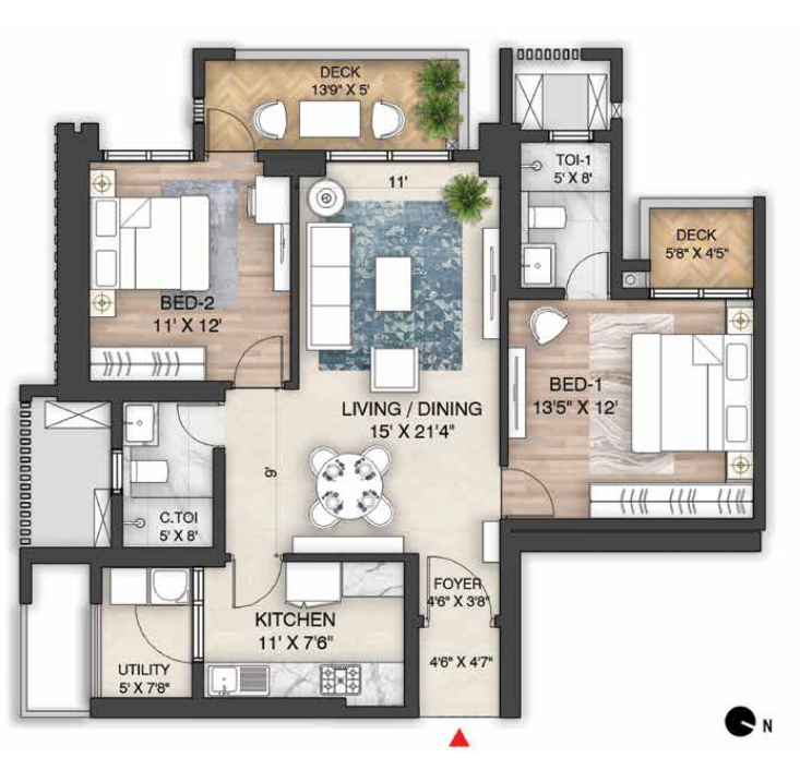 Oakwood The Prestige City — 2 BHK floor plan