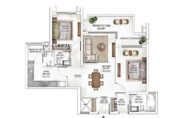 Krisumi Waterside Residences — 2 BHK floor plan