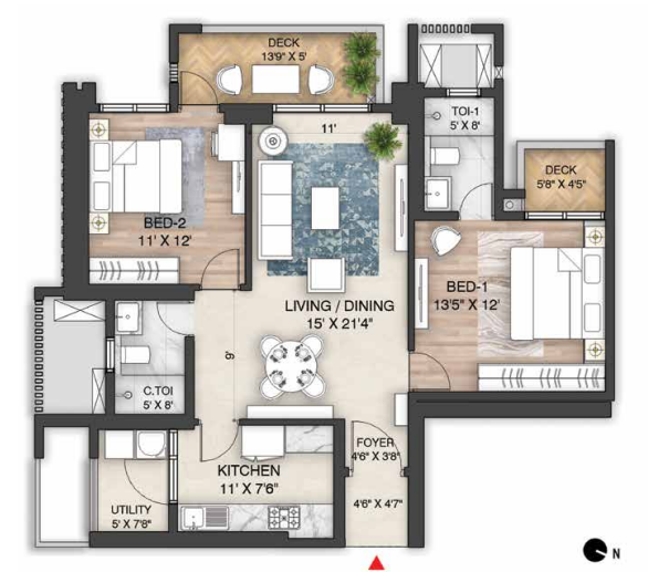 Mulberry at The Prestige City — 2 BHK floor plan