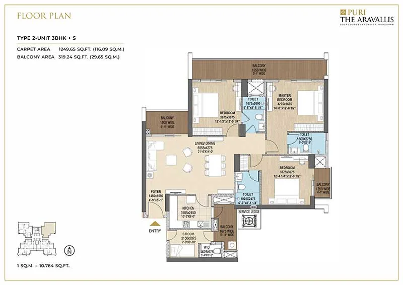 Puri The Aravallis — 3 BHK floor plan